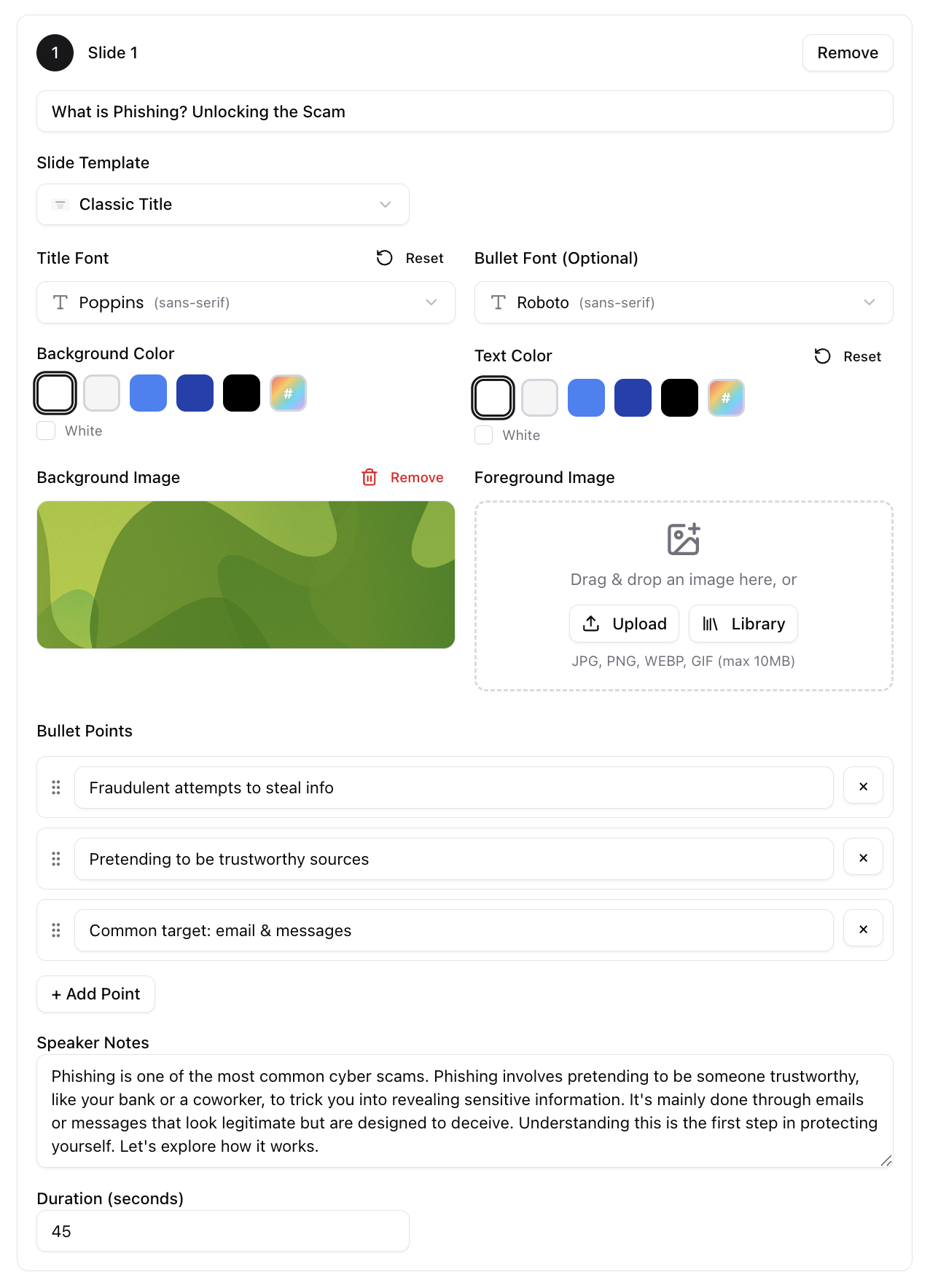 SlideVids customisation options showing font selection, colour pickers, and image upload controls