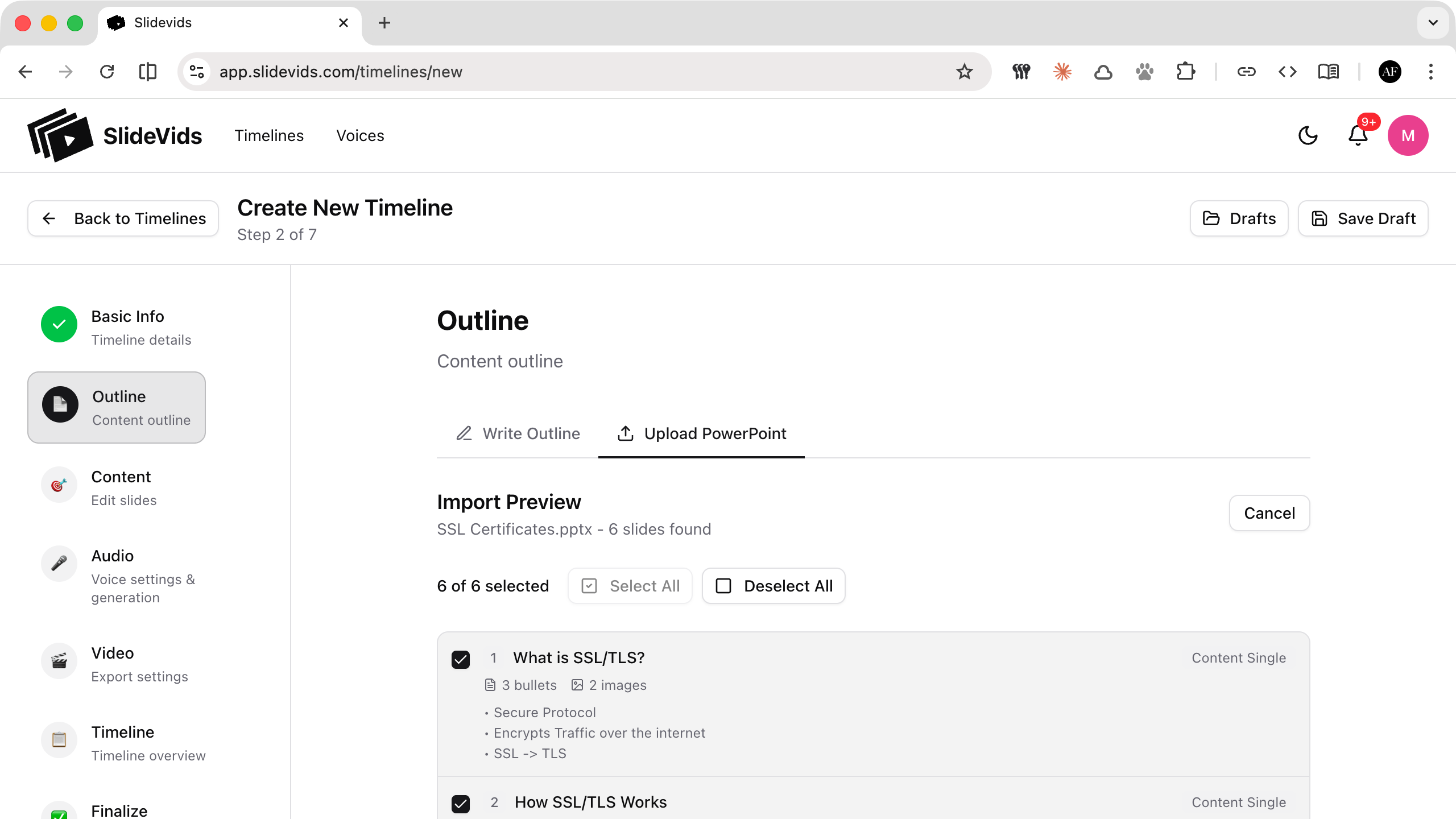 SlideVids PowerPoint Import preview showing extracted slides with titles, bullet points, and image counts ready for selection