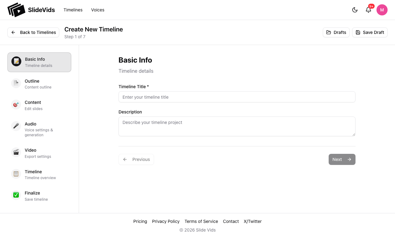 Basic Info step in the timeline wizard