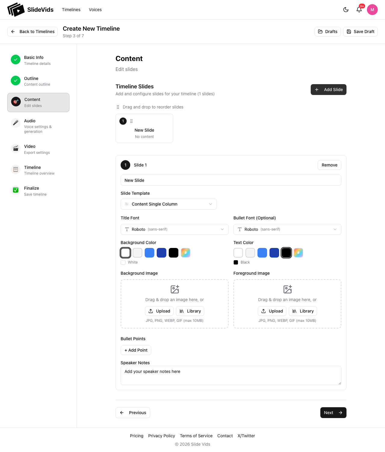 Content step after adding required slide fields