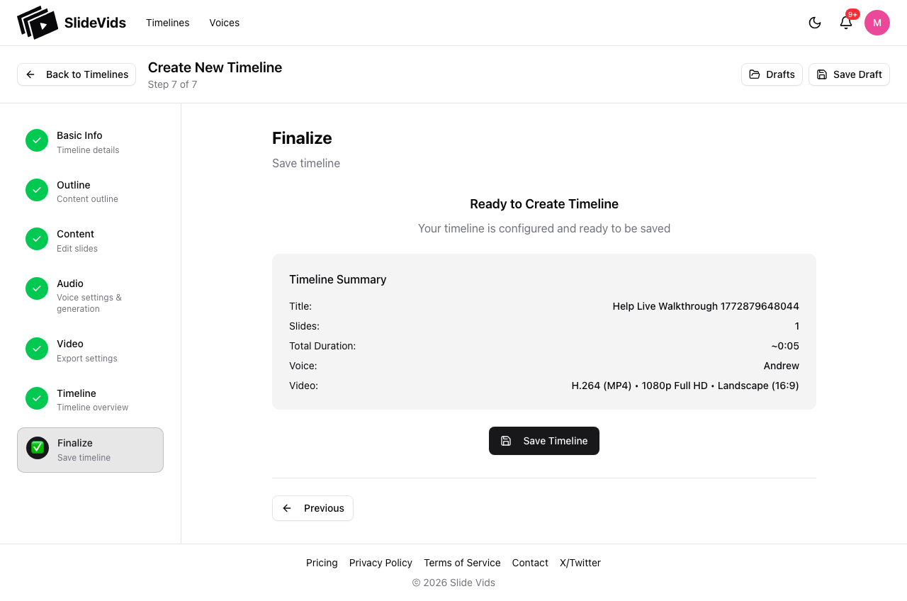 Timeline details after creation