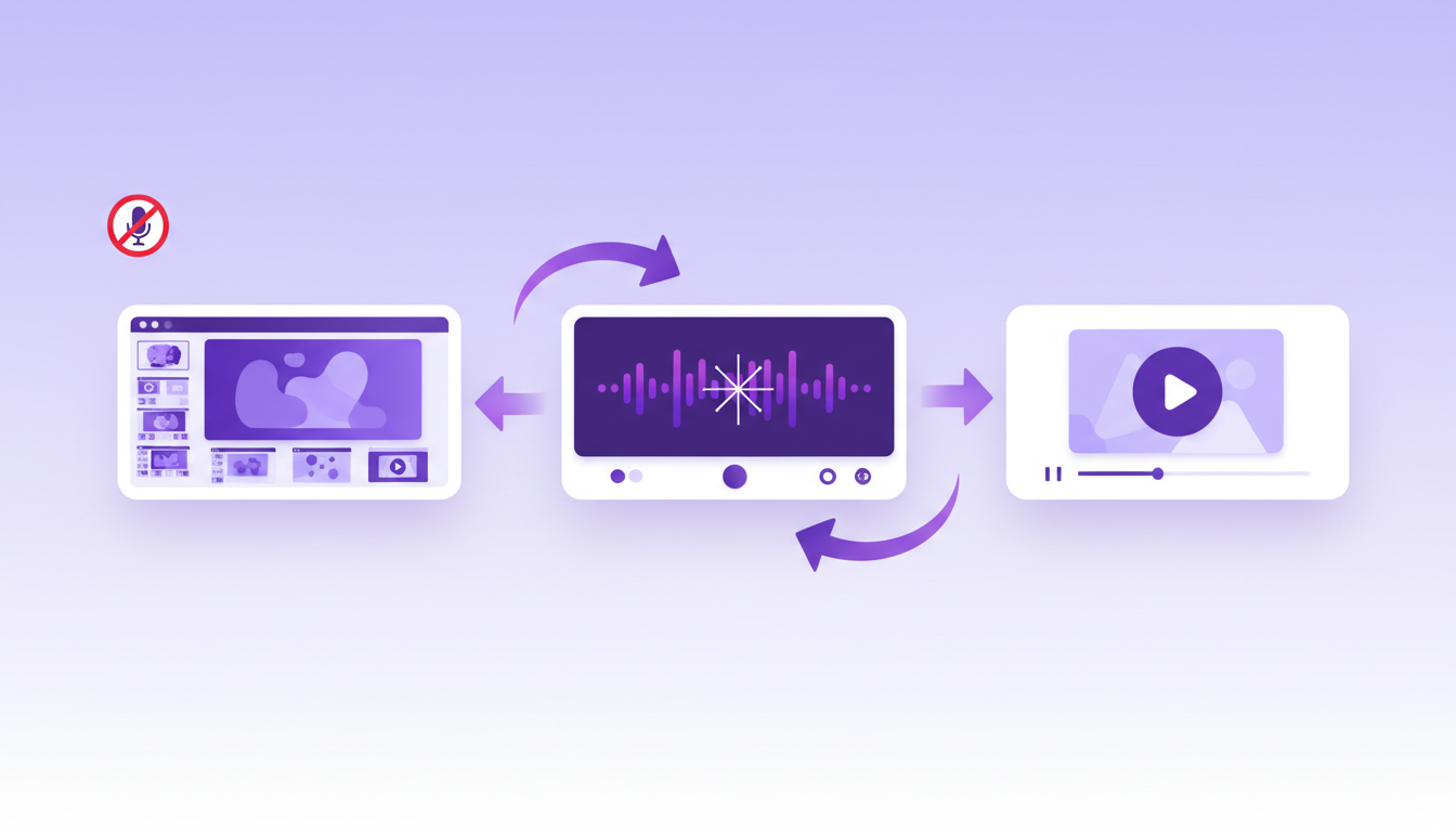 Illustration showing a PowerPoint slide deck connected via AI voice generation to a finished video, with a crossed-out microphone indicating no recording needed